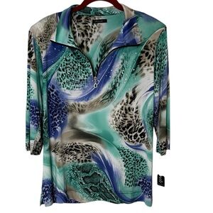 Klaveli Blue and Green 3/4 Sleeve Blouse. NWT